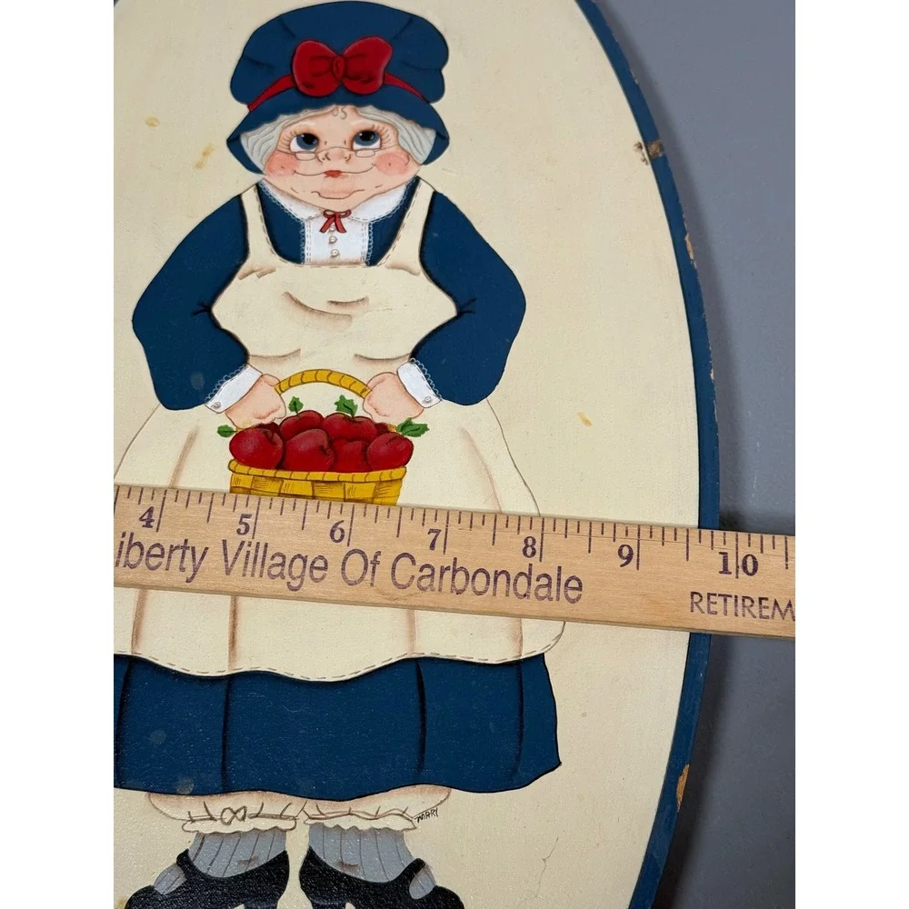 Vintage Hand Painted Folk Art Wooden Plaque Grandmother with Apple Basket 16in